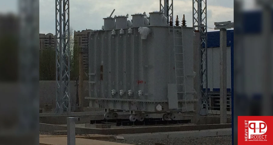 Установка трансформатора в проектное положение | Такелаж трансформатора массой 72 тонны на станции ПС 